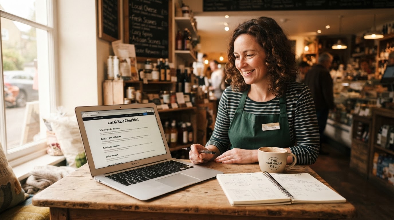 UK small business owner working through a local SEO checklist on a laptop