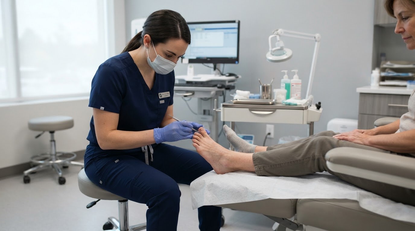 Podiatrist gently examining a patient's toe and toenail in a modern clinic
