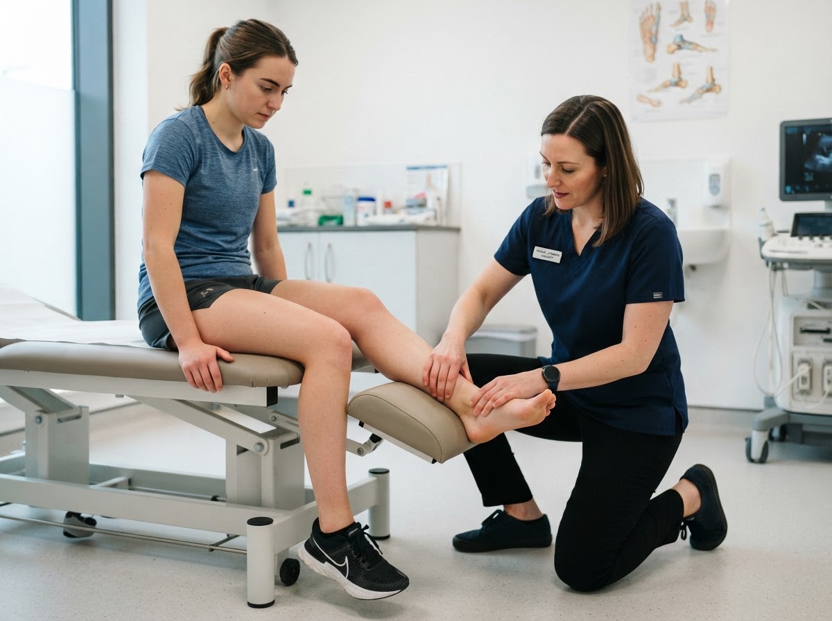 Podiatrist examining an athlete's ankle during a sports MSK assessment