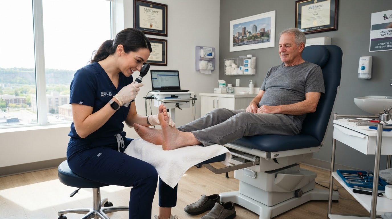 Podiatrist performing a routine foot skin examination on a seated patient
