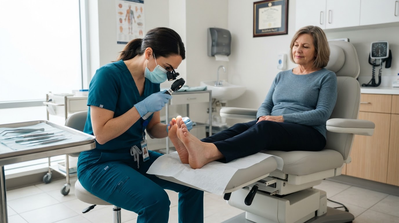 Podiatrist assessing a patient's foot and toenails in a bright clinical office