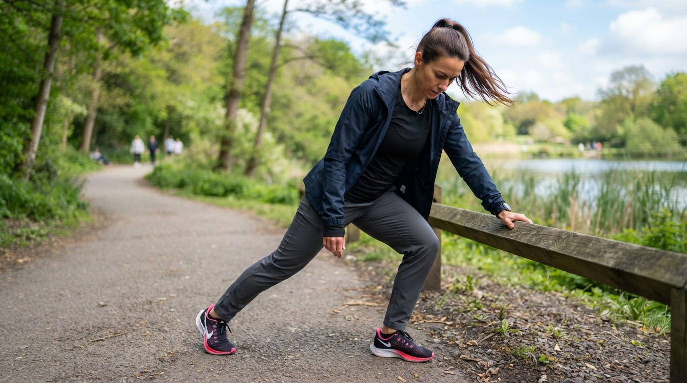 Active adult stretching calf and Achilles tendon outdoors