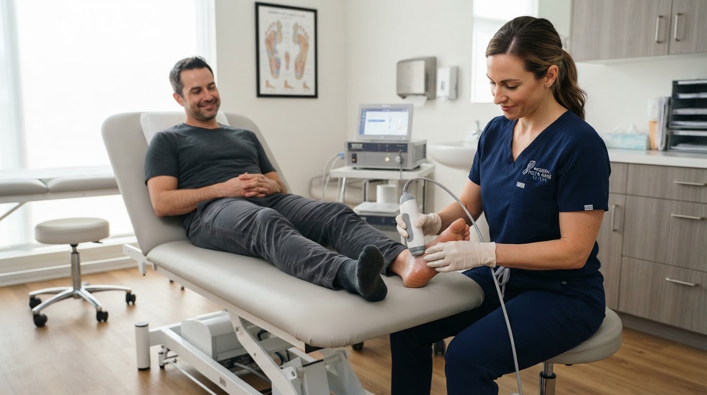 Atlantic Podiatry clinician administering shockwave therapy to a patient's foot and heel in a modern clinical setting