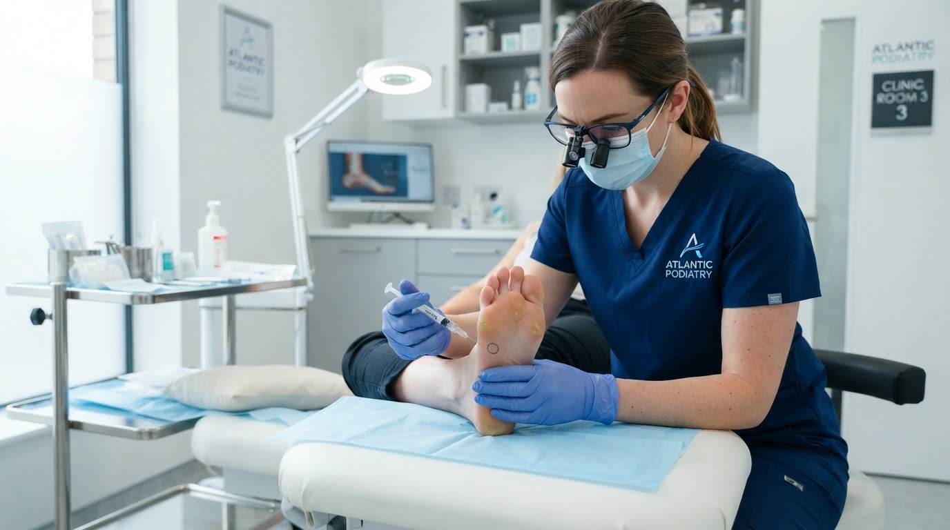 Podiatrist administering dermal hyaluronic acid filler to a patient's foot sole