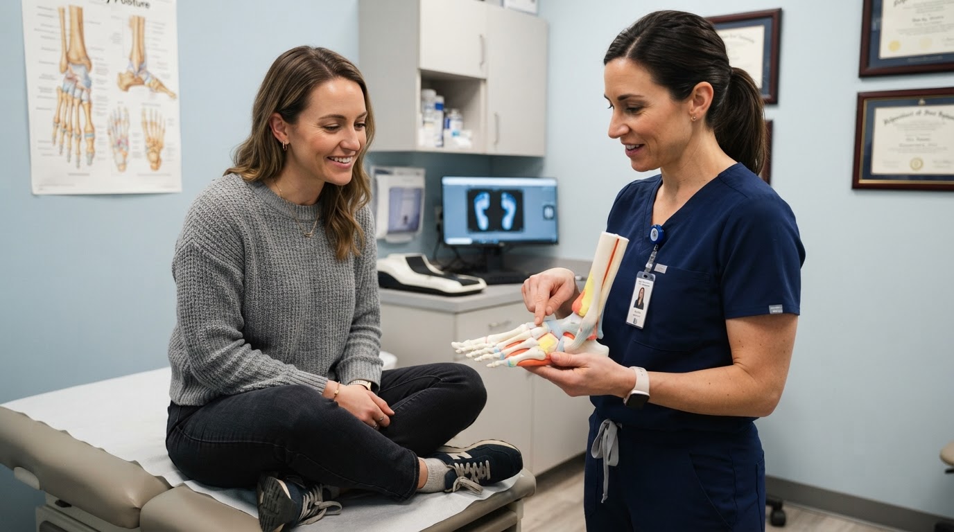 Podiatrist in scrubs explaining foot posture model to an adult patient