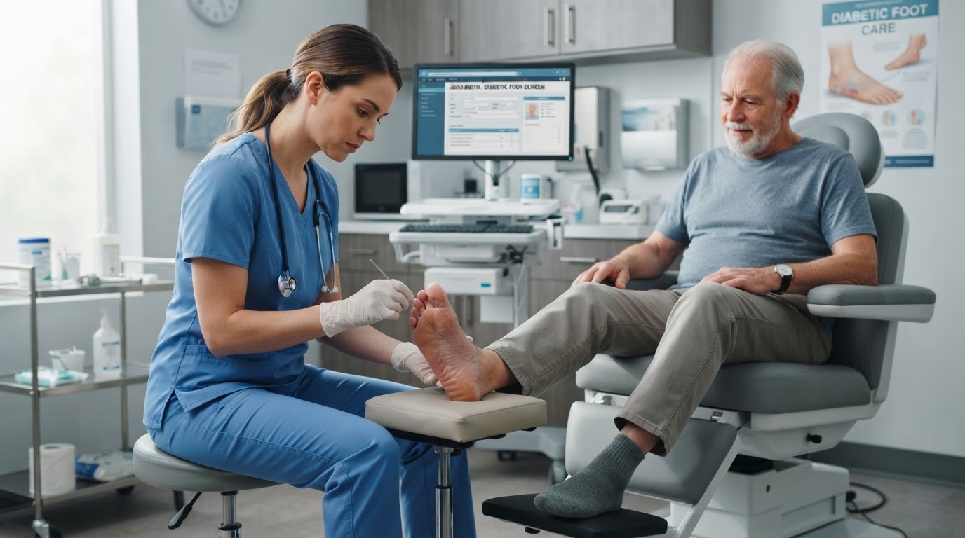 Podiatrist conducting a thorough foot sensory check on a patient with diabetes