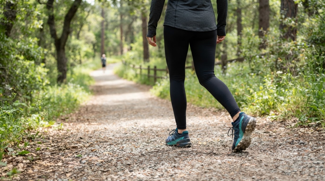 Person walking along a path wearing athletic wear focusing on feet in shoes