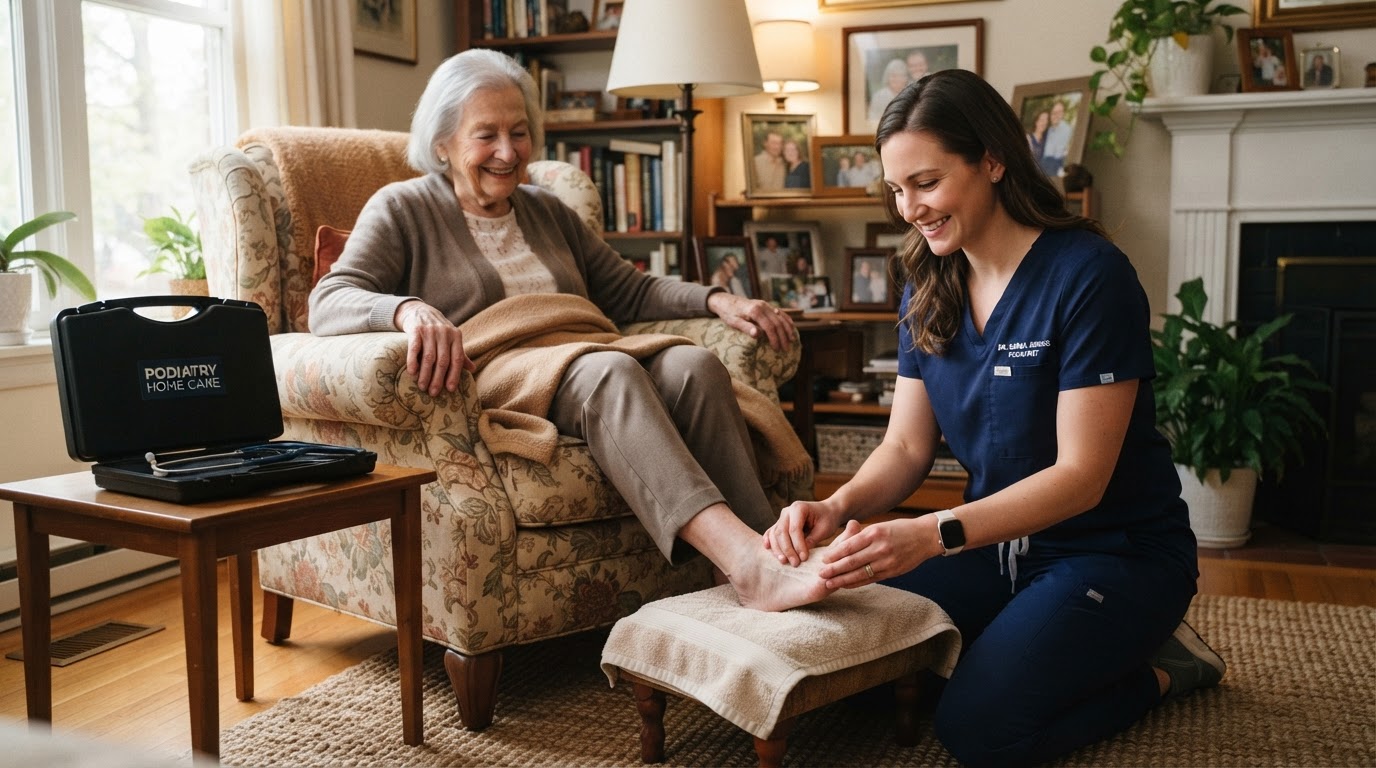 Podiatrist carrying out a home visit foot check for an elderly patient