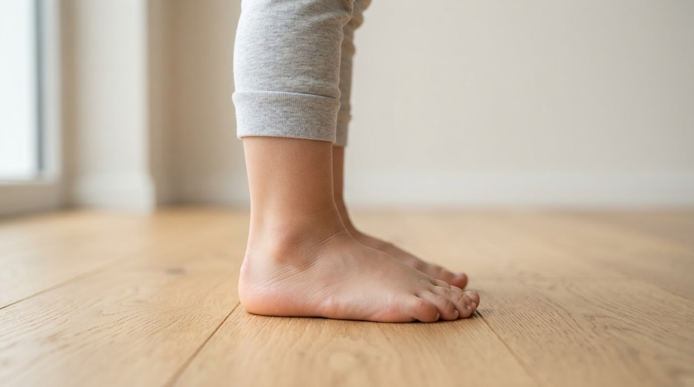 Child standing on a smooth floor showing foot arch posture and ankle alignment