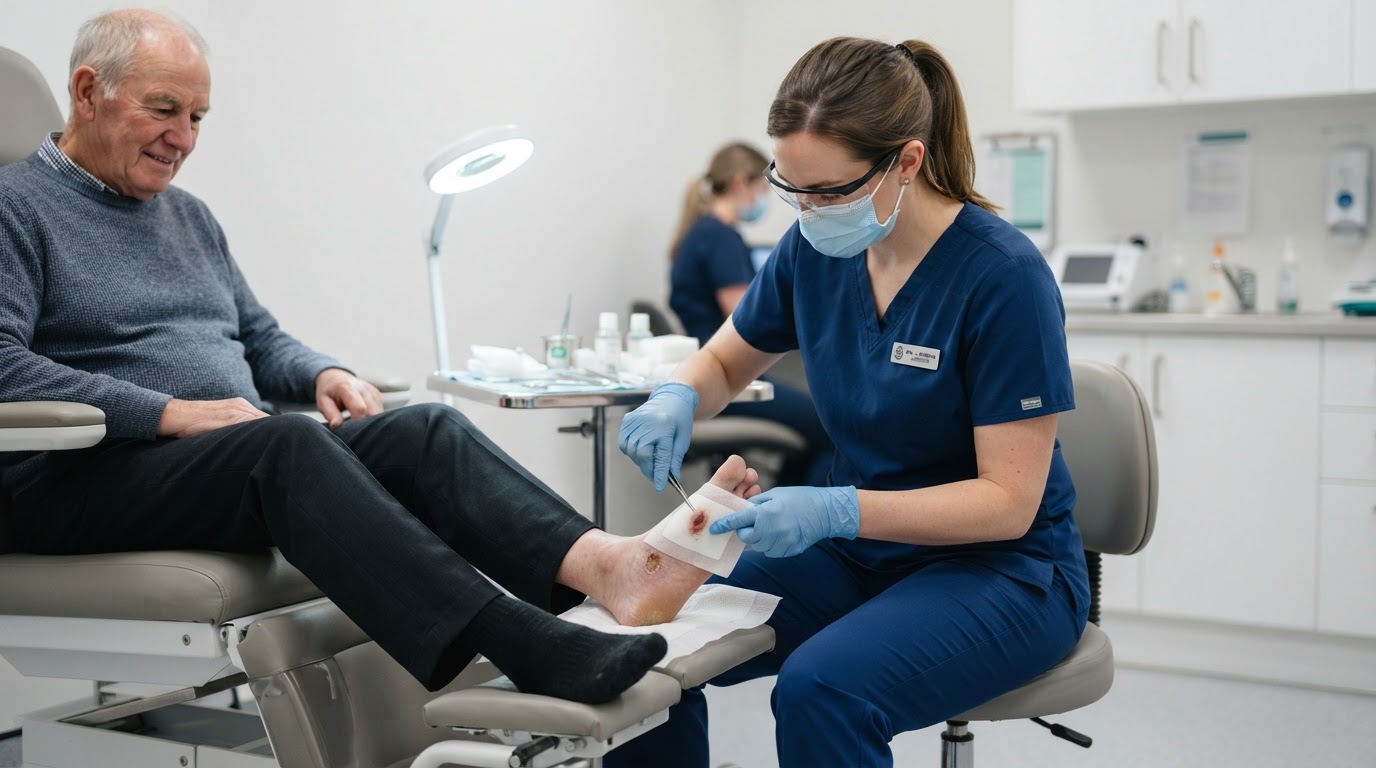 Podiatrist applying sterile advanced dressing to a foot wound