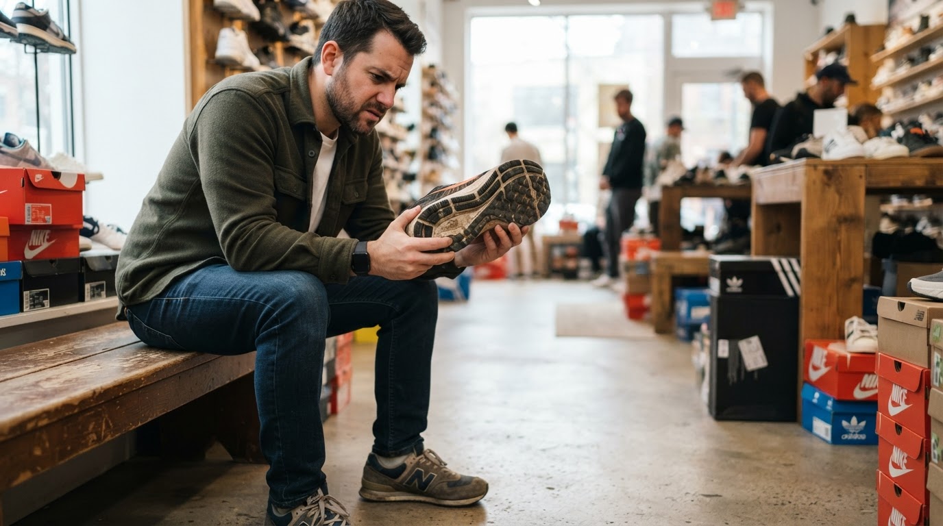 Person holding up athletic sneaker examining tread pattern and sole wear