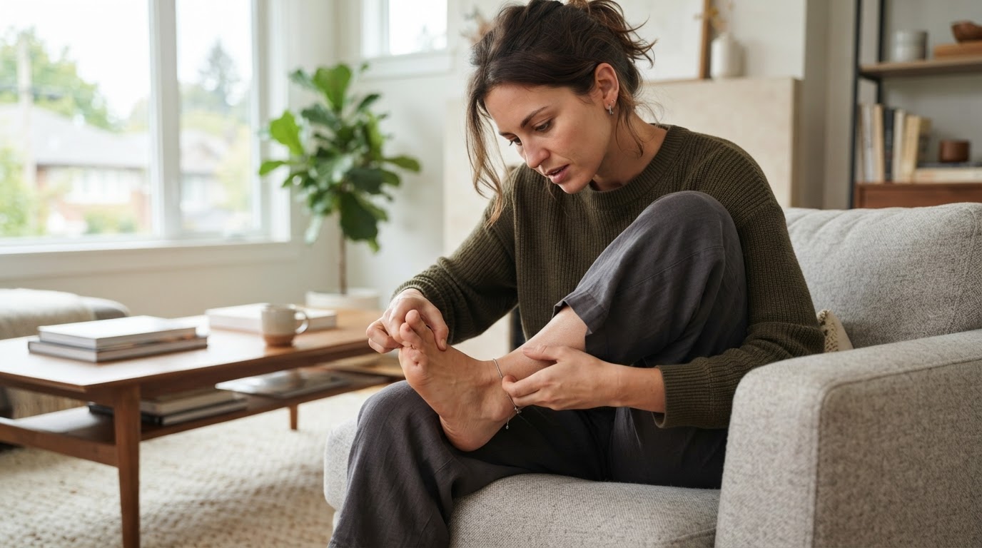 Person seated examining the front part of their foot and toes