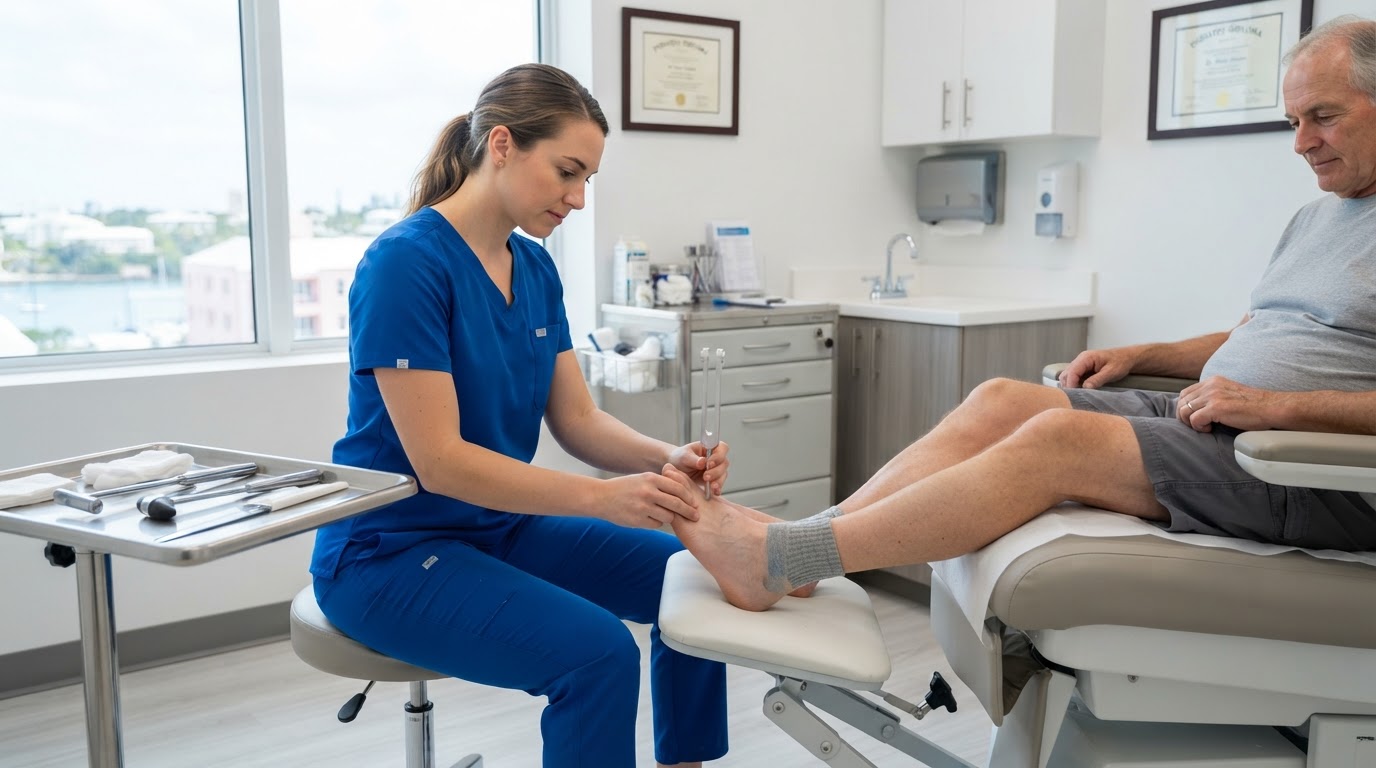 Atlantic Podiatry clinician performing neurological testing during a diabetic foot check