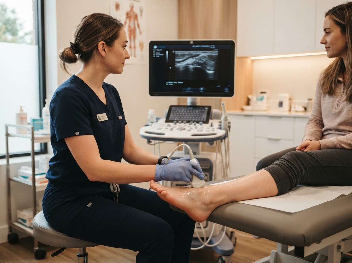 Atlantic Podiatry clinician performing a diagnostic ultrasound scan on a patient's foot and ankle