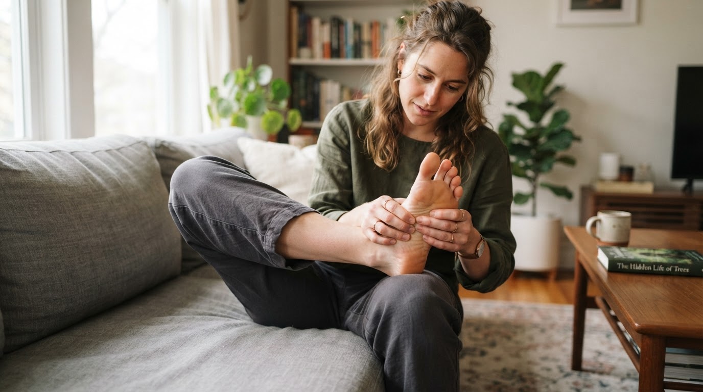 Person seated comfortably examining the ball of their foot
