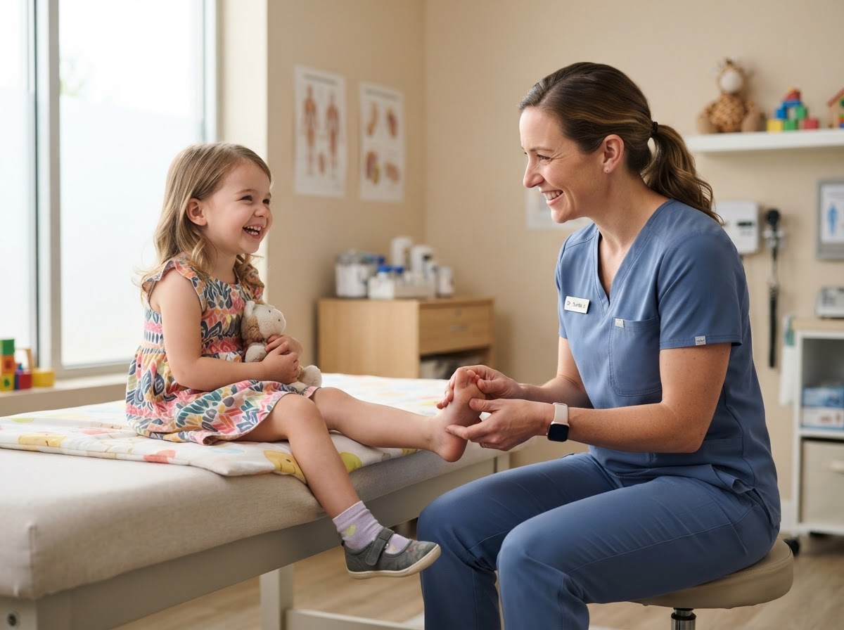 Podiatrist conducting a gentle foot check on a young child