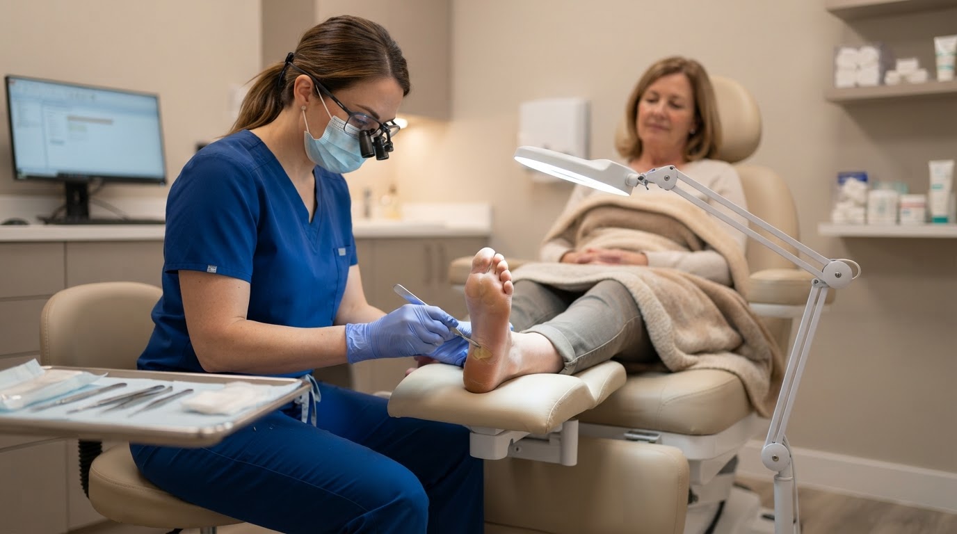 Podiatrist removing callus and corn tissue gently