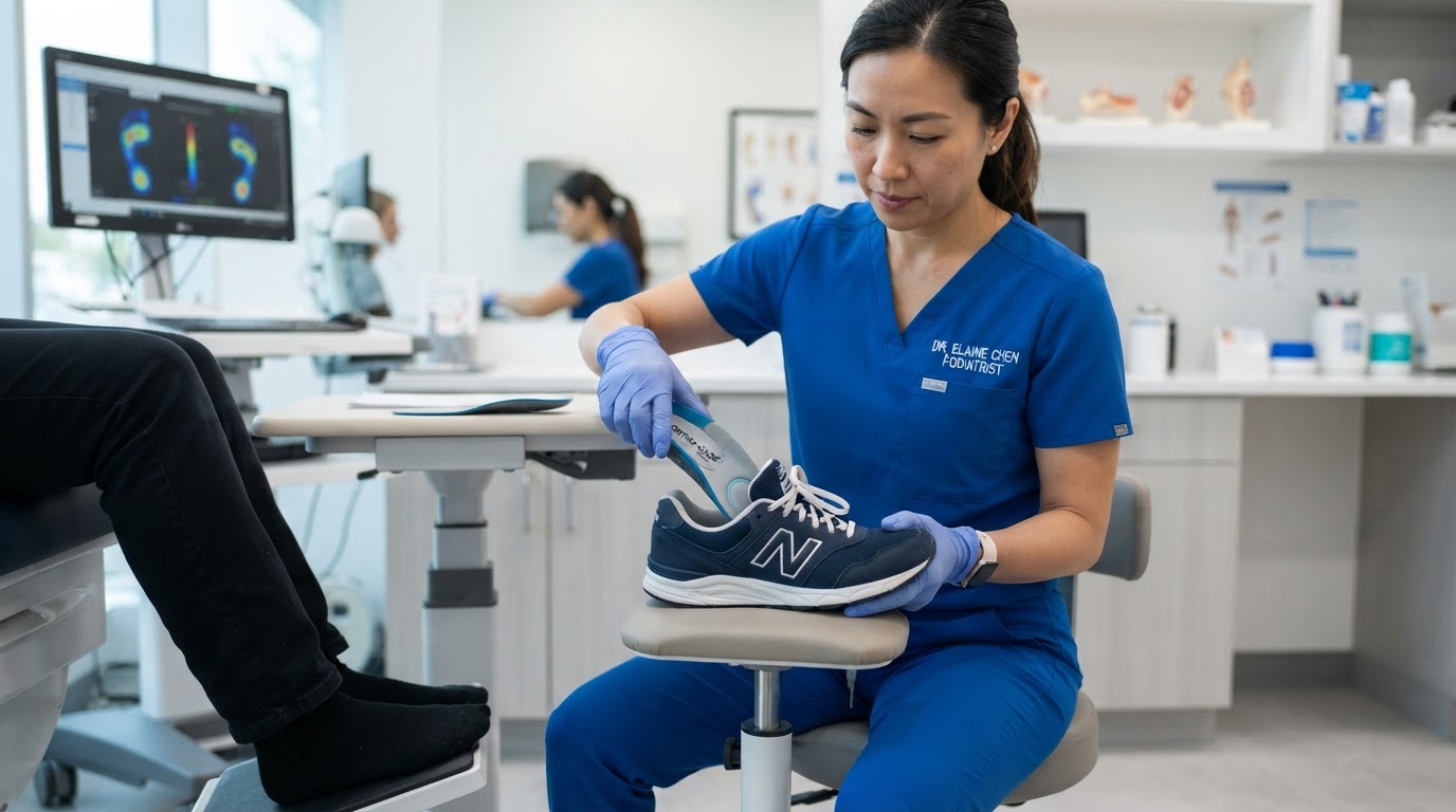 Podiatrist fitting custom prescription orthotic insoles into a patient's shoe