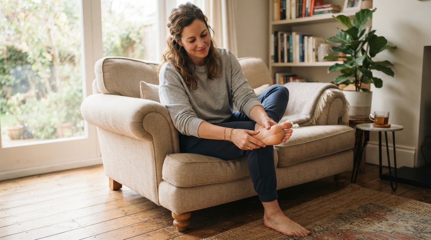 Person seated gently massaging the arch of their foot