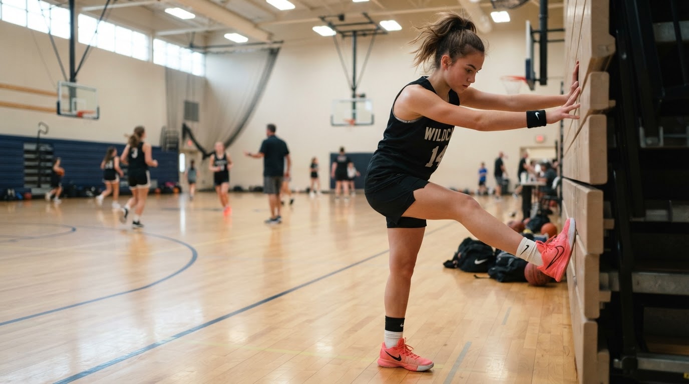 Young athlete stretching calves and feet during sports practice