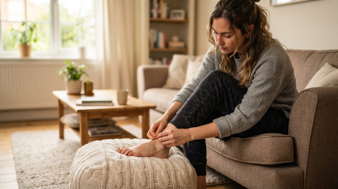 Person resting foot comfortably examining toe contraction