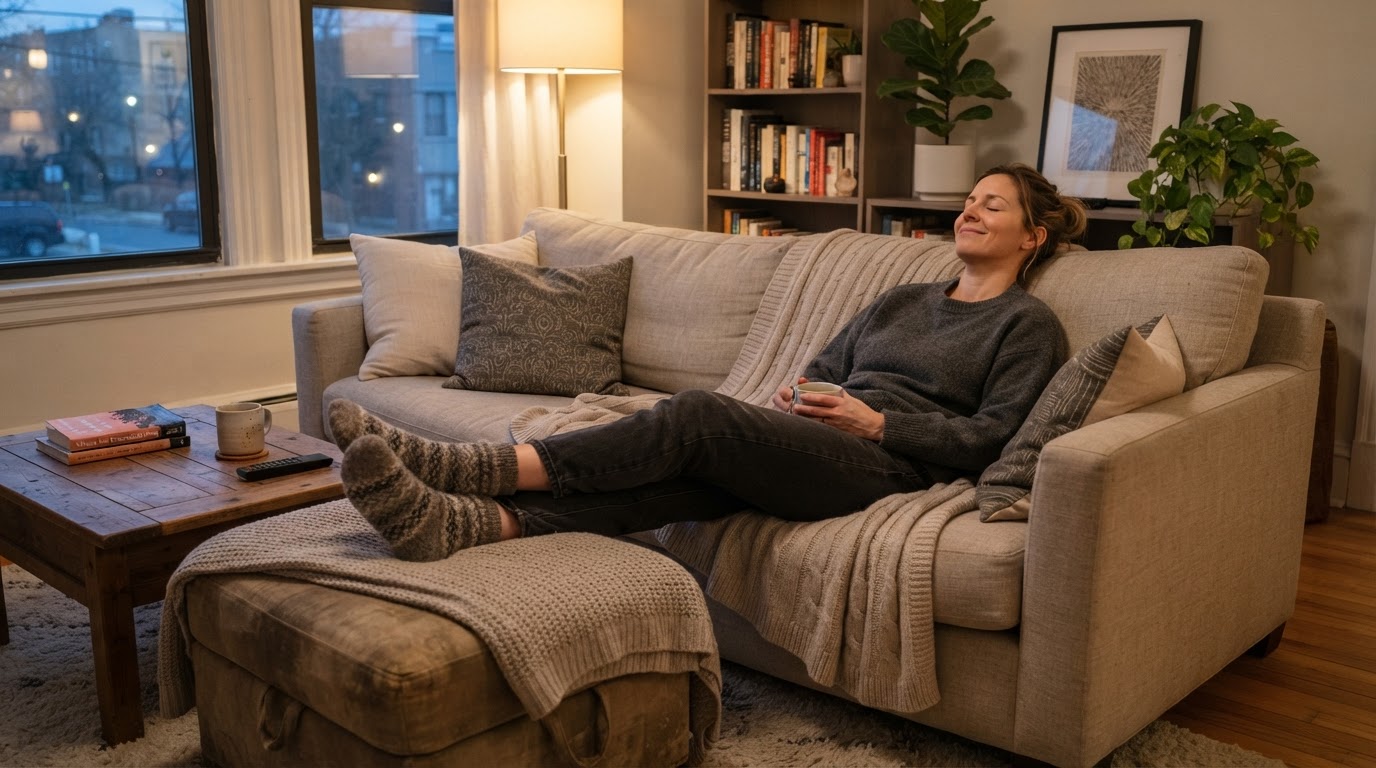 Person relaxing on sofa resting feet on an ottoman after a long day of standing