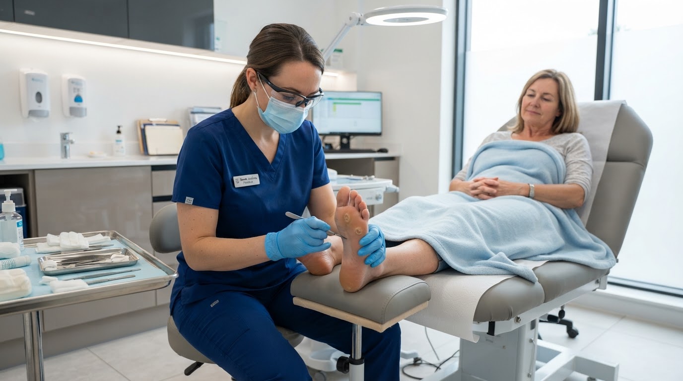 Podiatrist treating a verruca on a patient's foot
