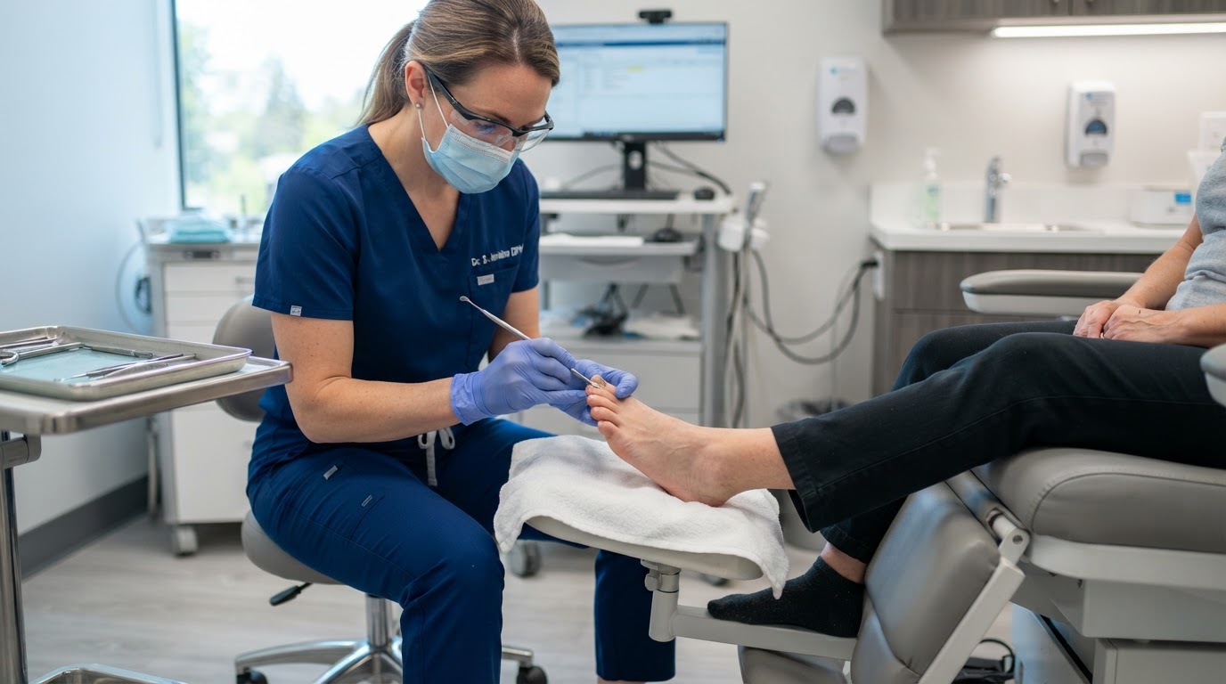 Podiatrist using specialized instruments to care for a patient's toenails in clinic