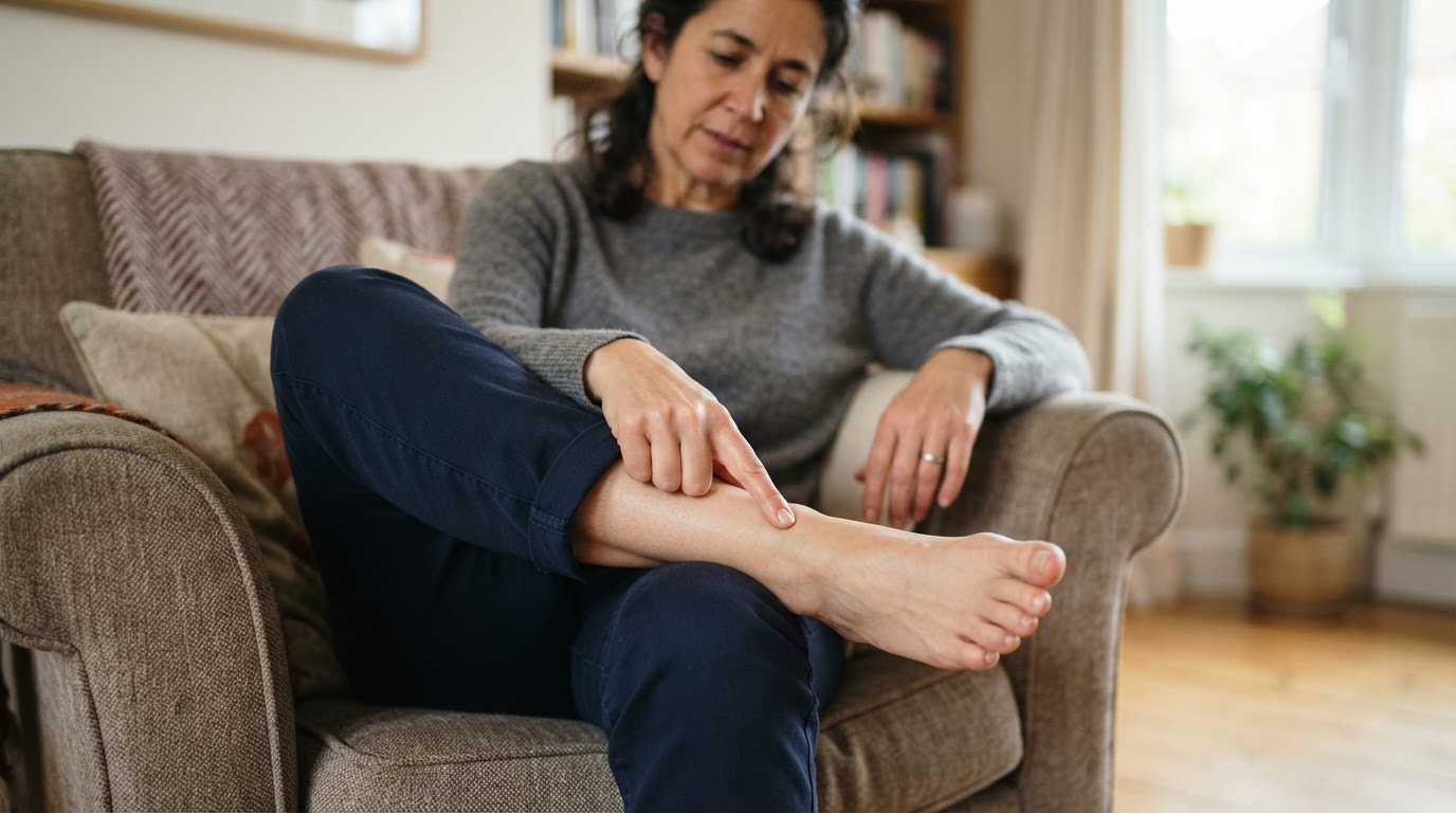 Person pointing to the joint at the base of their big toe while seated comfortably