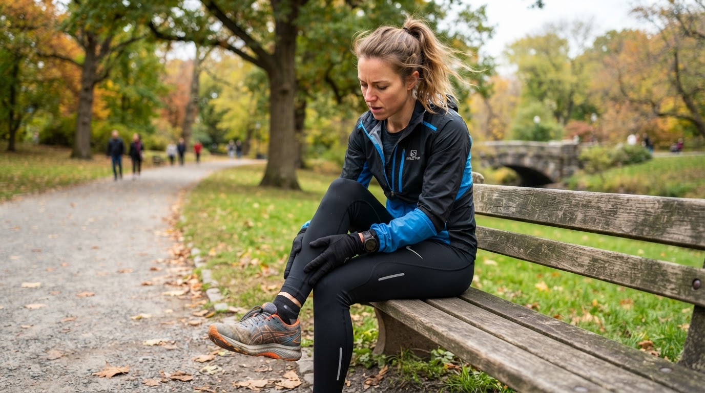Runner seated on park bench gently rubbing their shin, wearing full running gear