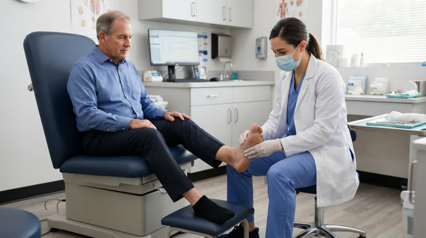 Patient showing the bottom and side of their foot to a podiatrist