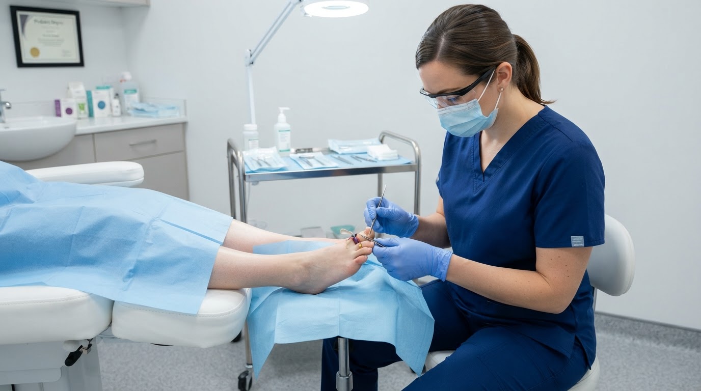 Podiatrist performing minor nail surgery under sterile conditions