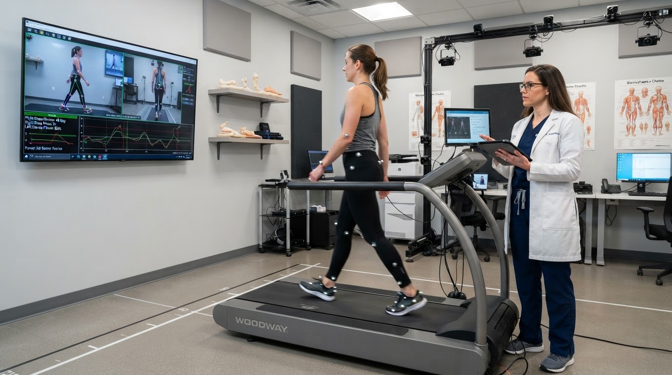 Podiatrist conducting video gait analysis of a patient walking on a treadmill