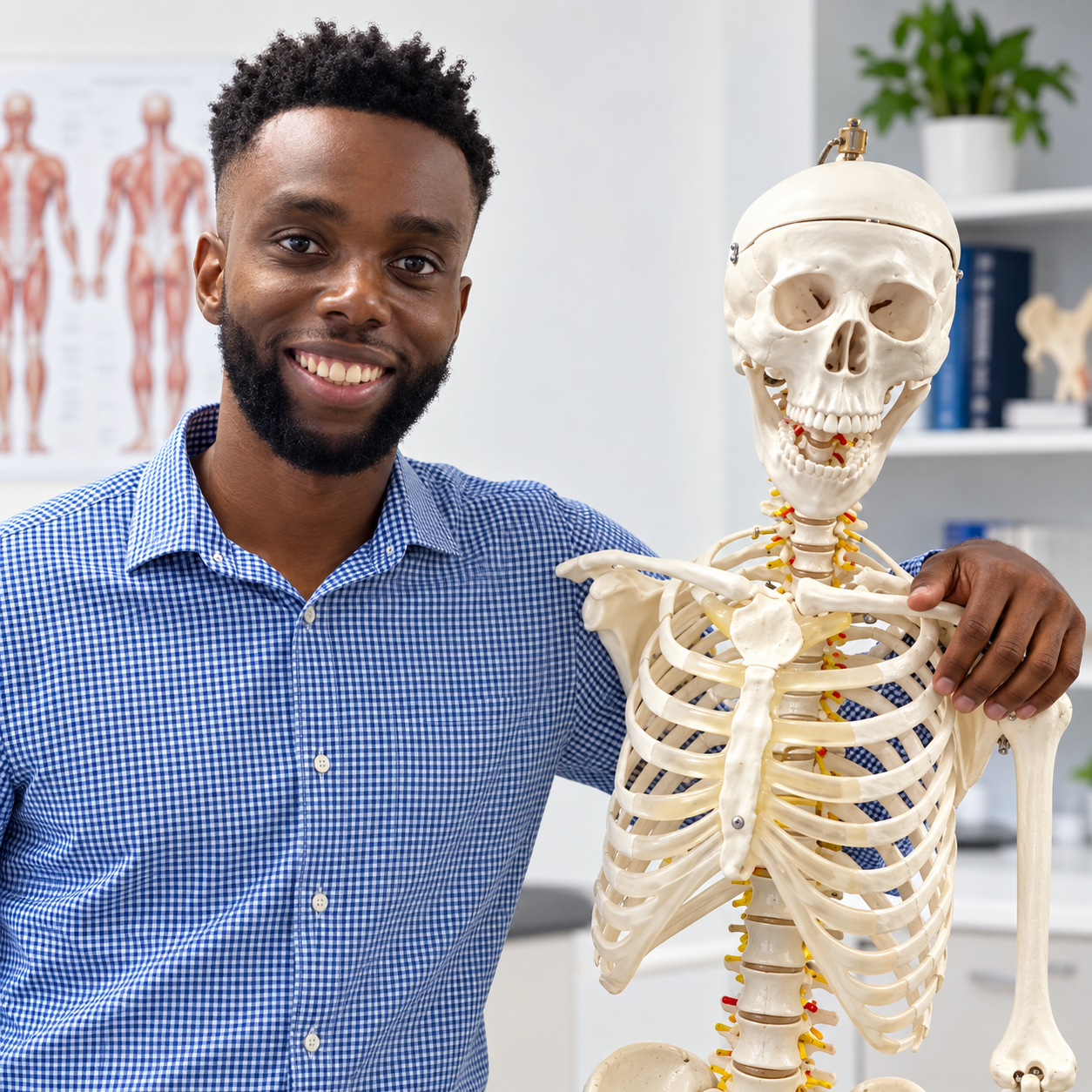 Yaw Nimoh with lower limb anatomical skeleton model
