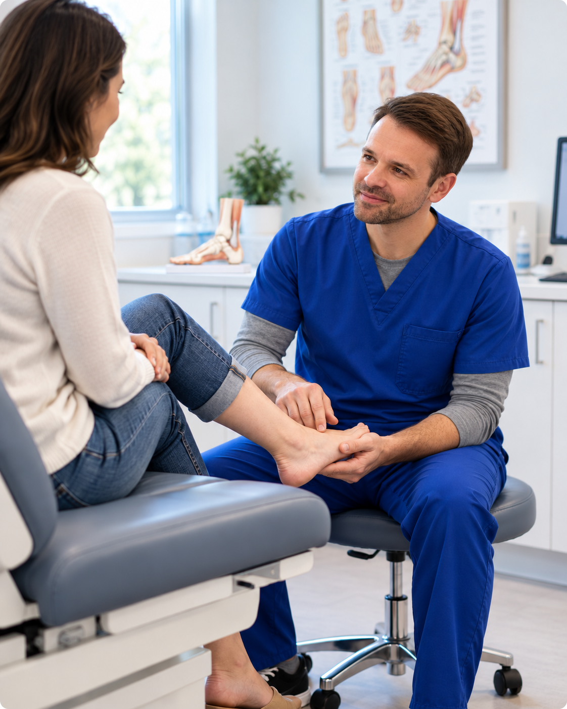 Podiatrist conducting a foot examination and consultation with a patient in the clinic
