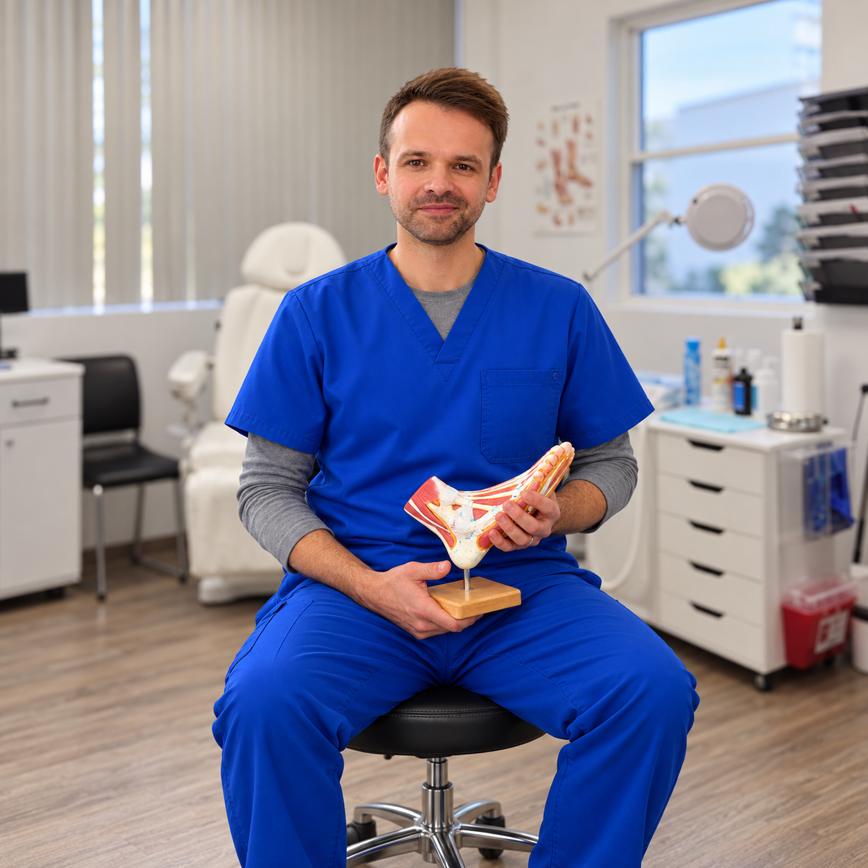 Atlantic Podiatry clinician with anatomical foot model in clinic