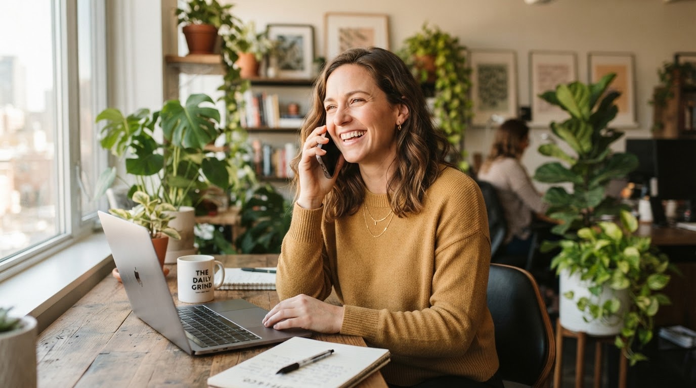 A small business owner taking a customer call in a sunlit office