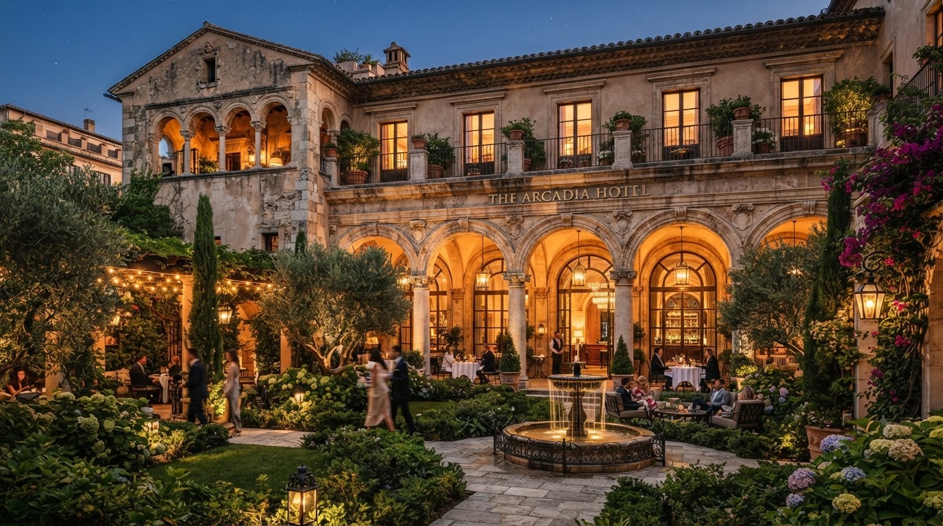 Boutique hotel architecture at dusk