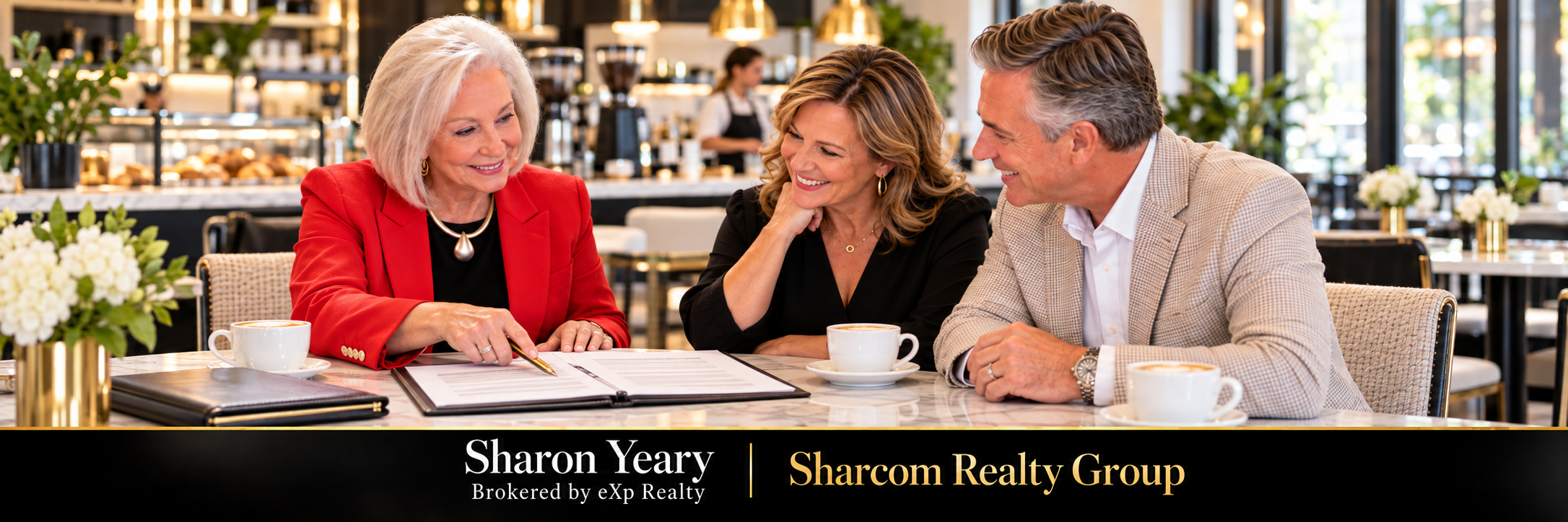 Sharon Yeary with Sharcom Realty Group eXp Realty, LLC meeting clients over coffee to review real estate documents
