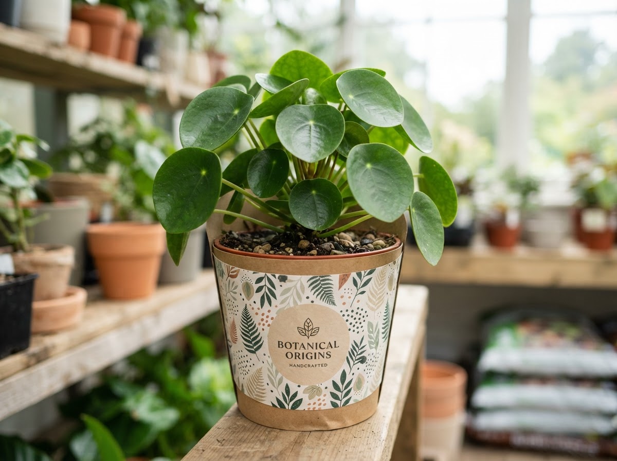 Branded pot wrap on a finished plant