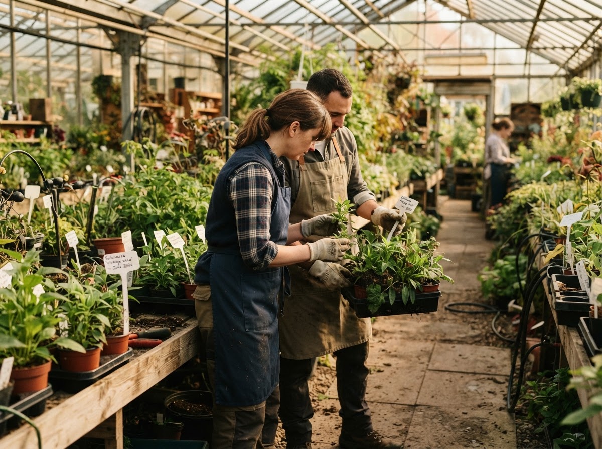 Greenhouse nursery staff tending potted crops