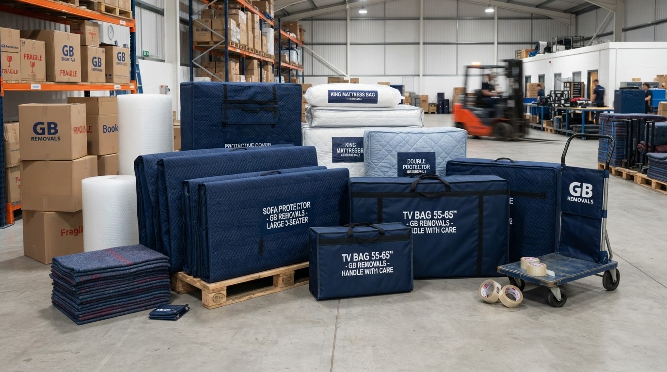 Range of professional padded protective covers for removal companies arranged on a warehouse floor