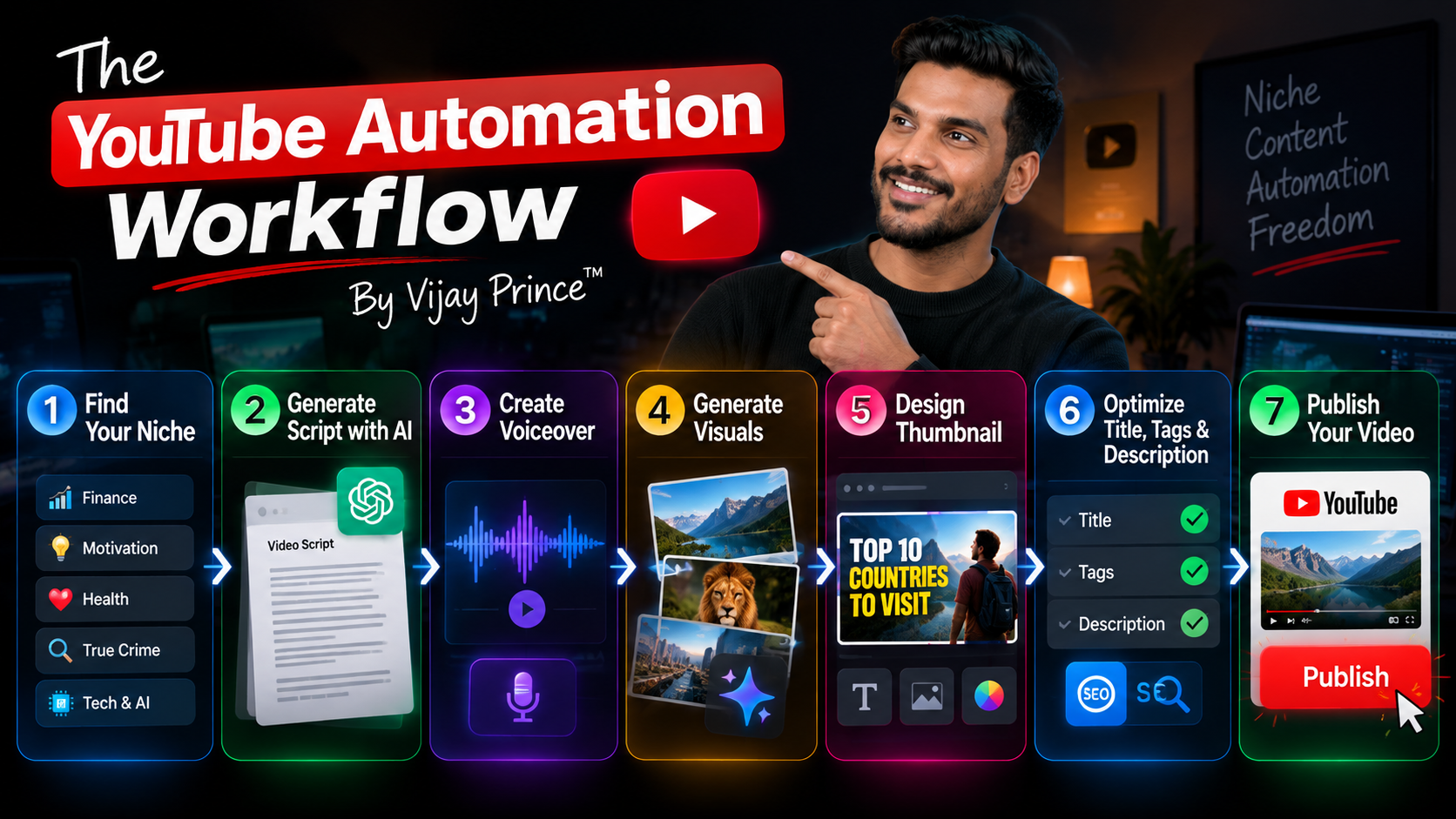 The YouTube Automation Workflow by Vijay Prince 7-step map