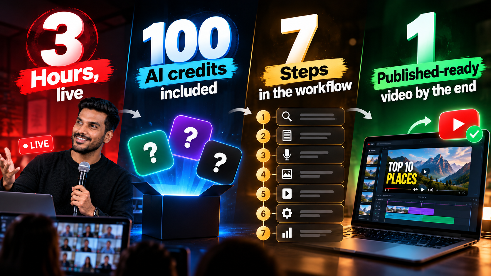 3 Hours Live, 100 AI credits included, 7 Steps in the workflow, 1 Published-ready video by the end