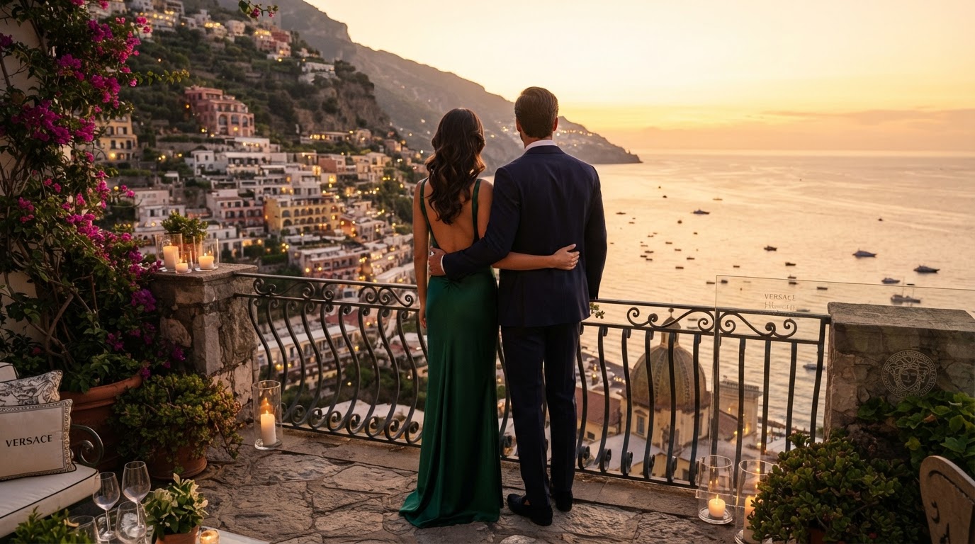 Couple looking at sunset over coastal city