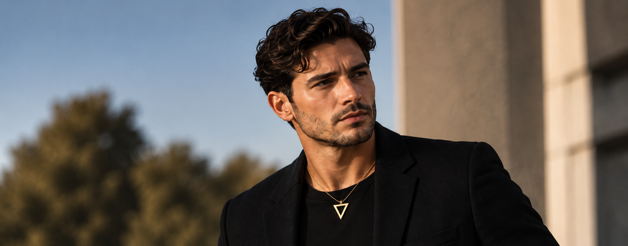 Male Model wearing TriSingle Pointed-Down Pendant