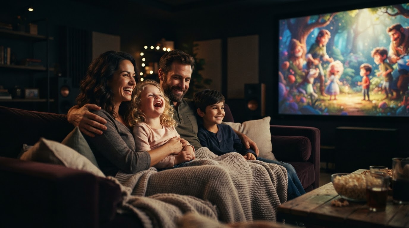 A family watching their personalized movie together