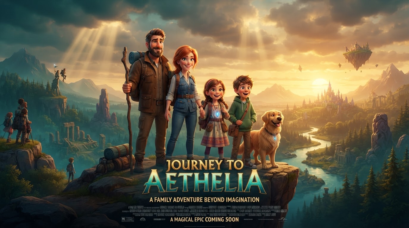 A family transformed into 3D animated movie characters on a cinematic adventure
