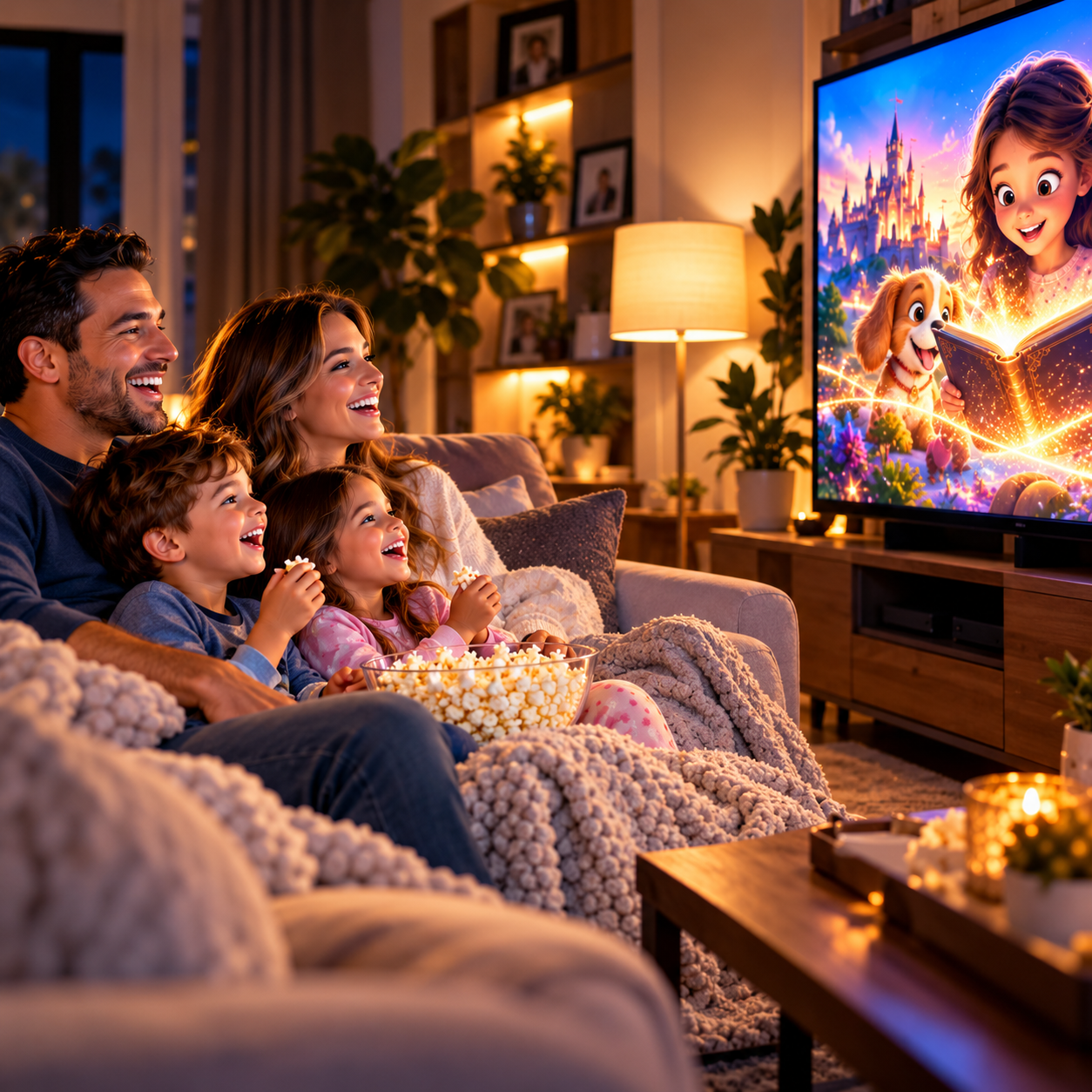 Happy family gathered with popcorn watching their weekly personalized animated movie