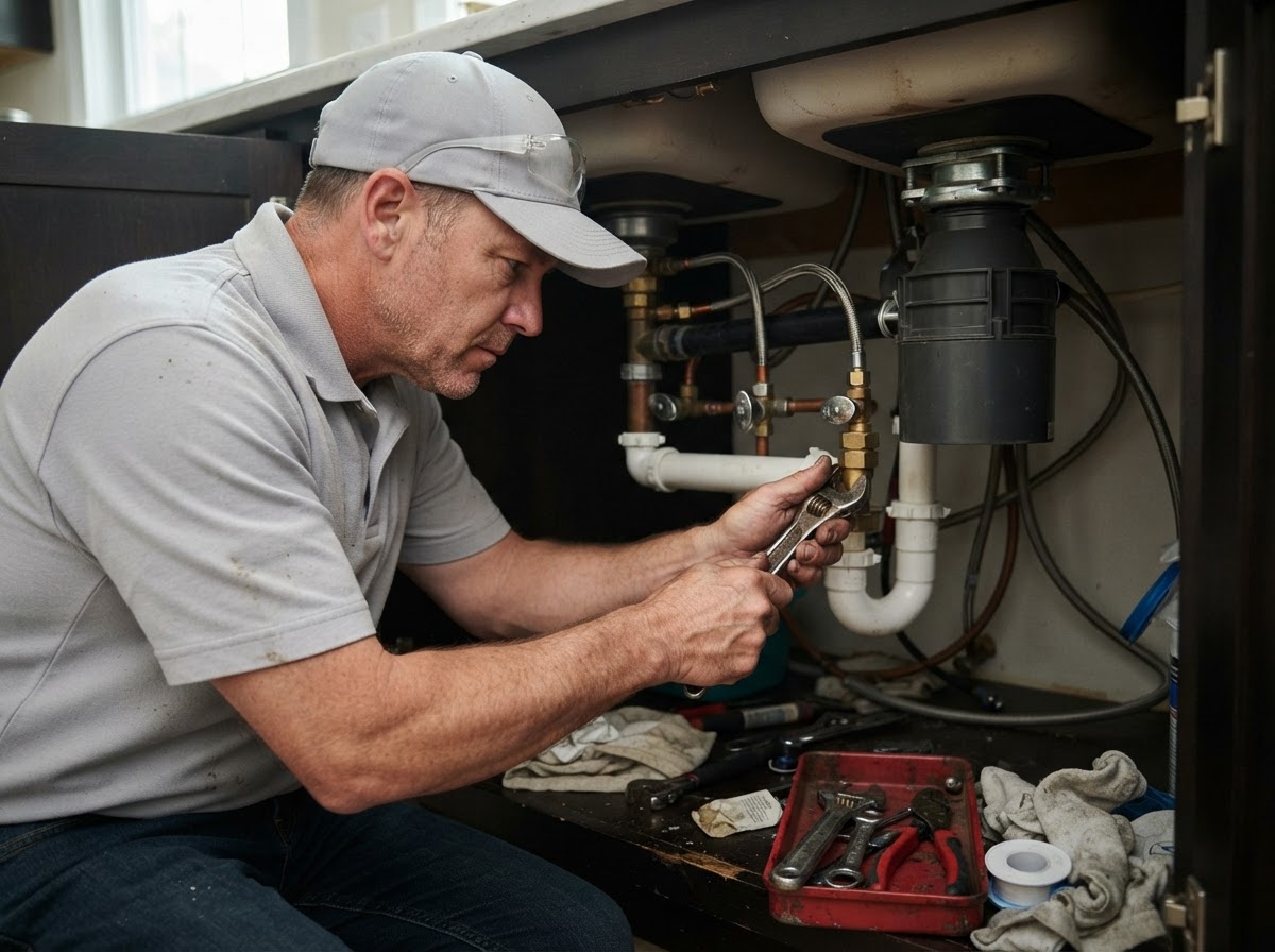 Technician working on plumbing connections beneath a residential sink